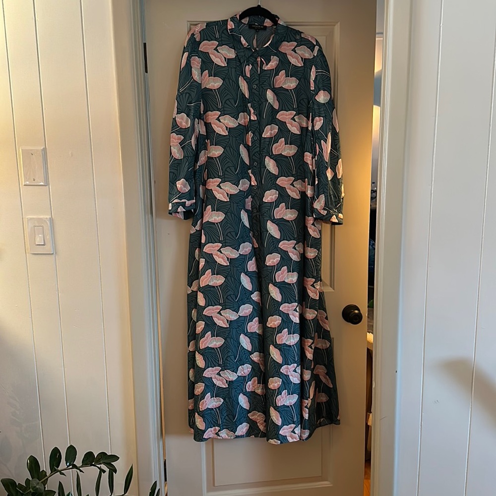 Lafayette 148 New York Floral Long Sleeve Dress in Green and Pink